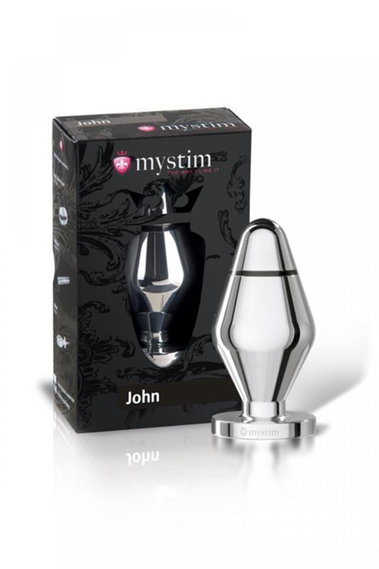 Анальная пробка Mystim John L, электростимуляция, хирургическая сталь, серебряная, 10,5 см, Ø 5 см