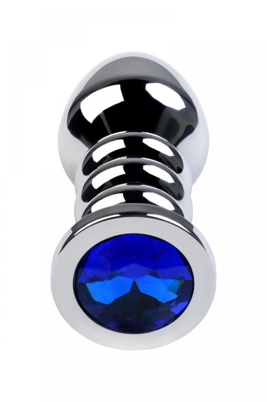 Анальная втулка Metal by TOYFA, металл, серебряная, с синим кристаллом, 10,5 см, Ø 4 см, 165 г