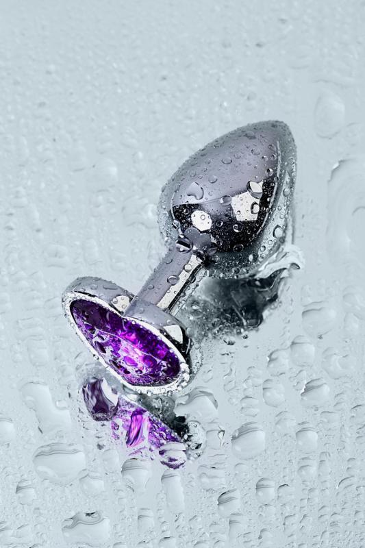 Анальная втулка Metal by TOYFA, металл, серебряная, с фиолетовым кристаллом, 7 см, Ø 2,7 см, 50 г