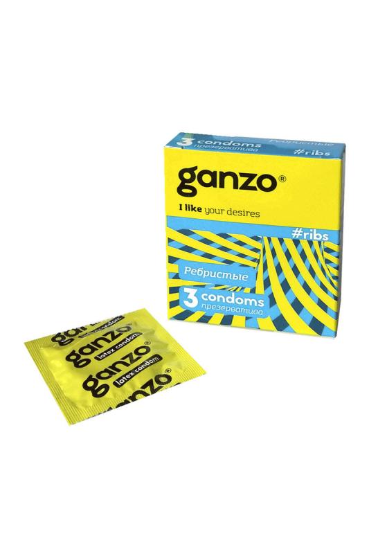 Презервативы Ganzo Ribs, с ребристой поверхностью, латекс, 18 см, 3 шт.