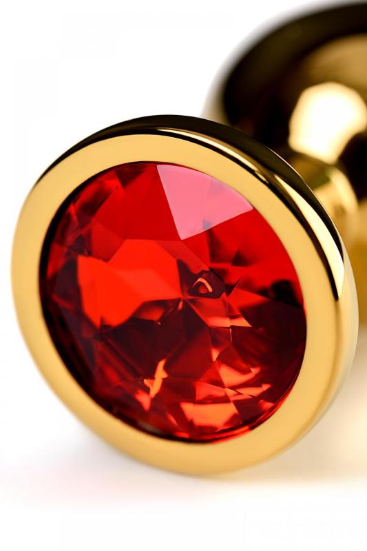 Анальная втулка Metal by TOYFA, металл, золотая, с красным кристаллом, 8 см, Ø 3,4 см, 85 г