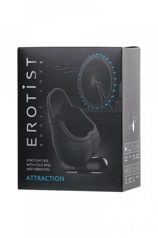 Чехол для мошонки Erotist Attraction с эрекционным кольцом и вибрацией, силикон, черный, 6,5 см
