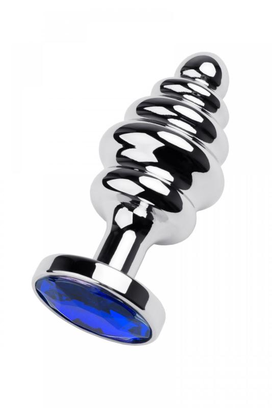 Анальная втулка Metal by TOYFA, металл, серебряная, с синим кристаллом, 7,2 см, Ø 4 см, 130 г