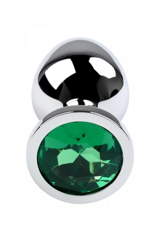 Анальная втулка Metal by TOYFA, металл, серебряная, с зеленым кристаллом, 8 см, Ø 3,4 см, 85 г